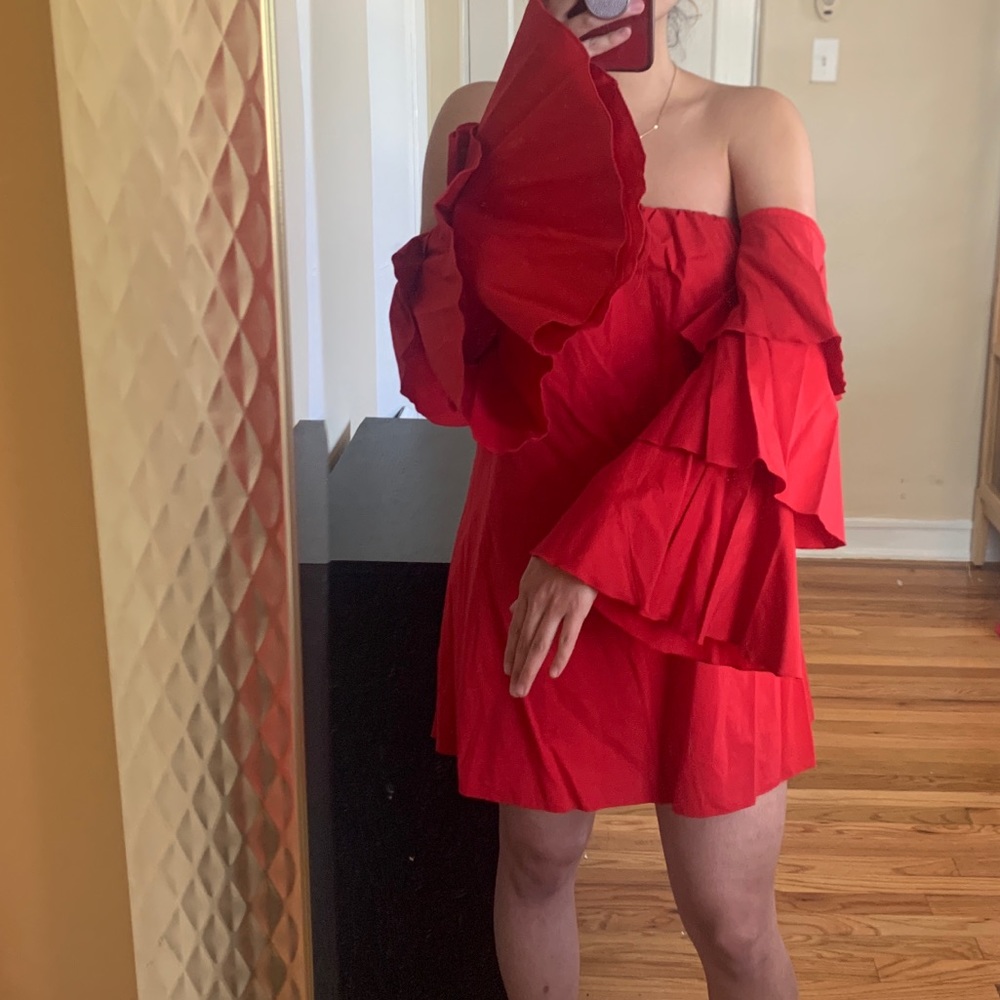 Red Ruffled Sleeve Dress - Picture 3 of 6